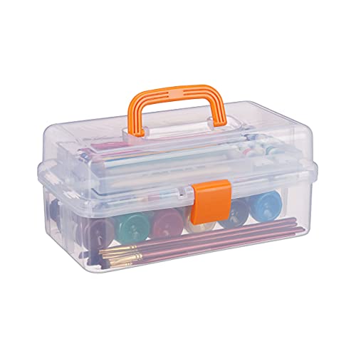 Relaxdays Transparente Plastikbox, 9 Fächer, Werkzeugbox, Nähkästchen, Werkzeugkoffer, Werkzeug, HBT 14x33x19 cm, orange