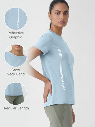 Image of Enamor Short Sleeve Crew Neck Regular Length Basic Dry Fit Workout Crew T-Shirt for Women - Relaxed Fit, Quick Dry, Antimicrobial - A309
