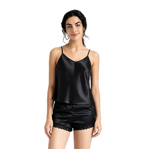 Pyjama femme 2 pièces satiné pour stopper l'inconfort nocturne avec un short souple noir