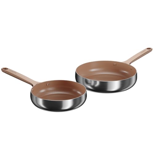 BergHOFF Home Frying Pan Set – 2 pcs – Non-Stick Pans Without PFAS – Coated Stainless Steel pan Set – Universal Pans for All stovetops – Rose Gold