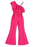 WDIRARA Girl's Ruffle Trim Asymmetrical Neck Sleeveless Belted Flare Leg Romper Cute Long Jumpsuit Hot Pink 9Y