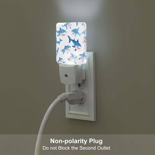 Image of Cartoon Blue Sharks LED Plug-in Night Lamp 2 Piece Set, Auto Sensor Nightlights Set of 2 for Bedroom Bathroom Corridors