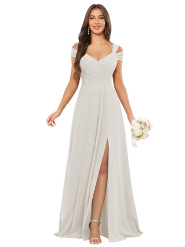 Image of petyoo Off Shoulder Chiffon Bridesmaid Dresses with Slit Long Formal Evening Dress