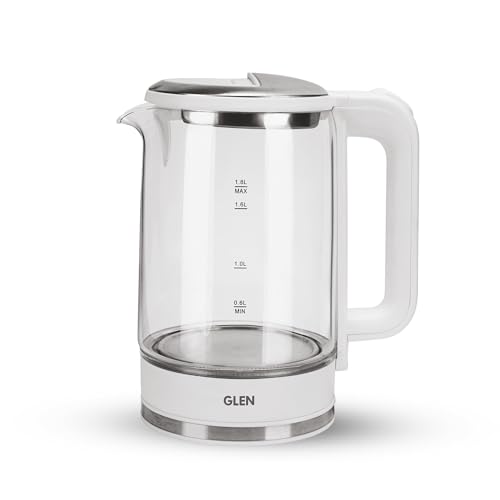 Image of Glen Electric Glass Tea Kettle 1.8 Litre, 1500W Fast Boiling Electric Kettle with 360 Rotational Base, Auto Shut-Off, Boil Dry Protection, Blue LED Light, Cordless Design, White (SA-9001)