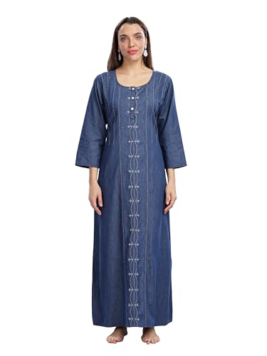 Image of 9shines Label Comfortable Cotton Denim Finish Nightdress for Women with Button Placket and Pocket(9SDLSS)