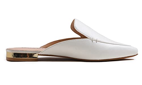 Feversole Women's Fashion Deco Mules Slip On Backless Slide Flats Metal Heel White Vegan Leather Size 8.5 M Us #TOP4