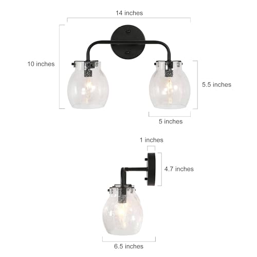 Image of KSANA Black Bathroom Light Fixtures, 2 Light Matte Black Vanity Lights for Bathroom with Seeded Glass Globe, 14 inch Modern Farmhouse Bathroom Lights Over Mirror