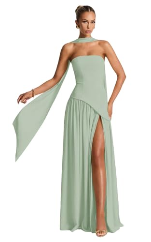 Strapless Bridesmaid Dresses for Women with Scarf Chiffon Halter Pleated A-Line Long Prom Dresses 2025 with Slit ZO026