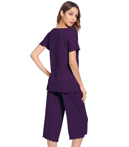 Image of NACHILA Women's Bamboo Viscose Pajama Sets Summer Cooling Short Sleeve Capri Soft Pjs Night Sweats Moisture Wicking Sleepwear