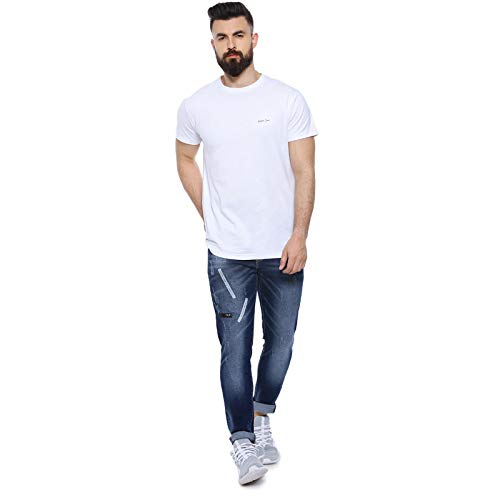 Image of CAHOOT Men' Denim Jeans for Regular Wear Blue Dark Wash Patchwork Slim Fit Jeans Crafted with Comfort Fit and High Performance for Everyday Casual Wear