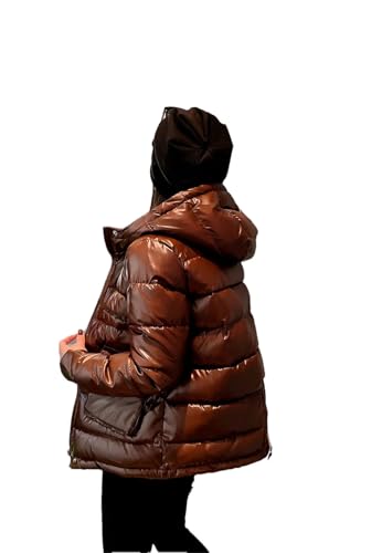 Kvinnor vinter dunjacka med huva avslappnad vadderad puffer parkas bomullsjacka snökläder dragkedja ytterkläder, Kaffe, M