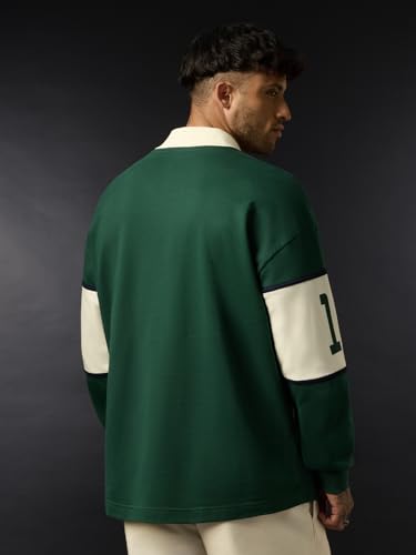 Image of The Souled Store Stranger Things: Hawkins High Men and Boys Long Sleeve Spread Collar Dark Green Graphic Printed Casual Lightweight Drop Shoulder Streetwear Cotton Oversized Polos