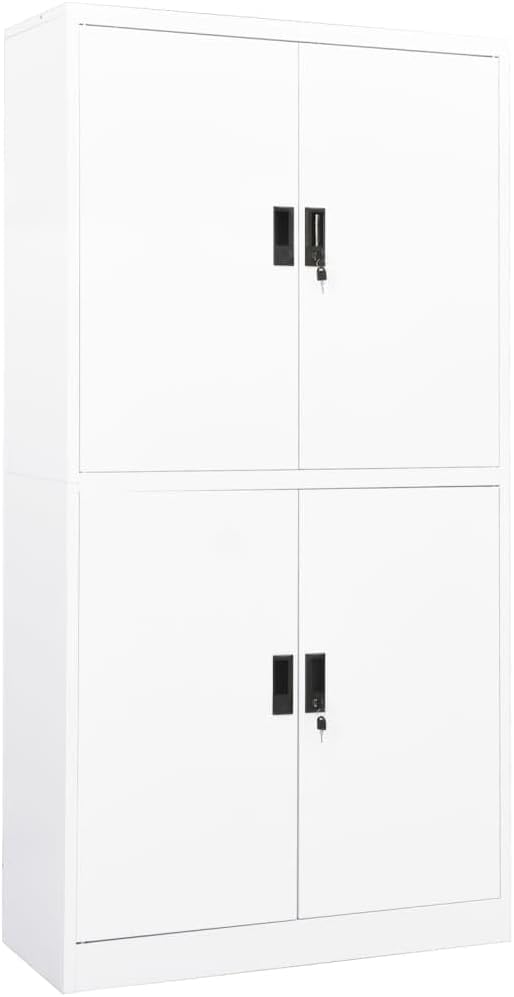 White Steel Office Cabinet with Adjustable Shelves and Integrated Cam Locks for Secure Document Storage, Modern Design for Home or Professional Workspace Organization
