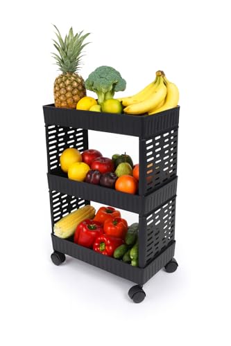 MASHUR FAB – Black Metal Kitchen Storage Rack with Wheels | Heavy-Duty Multipurpose Organizer Trolley for Fruits, Vegetables, Groceries & Pantry | Matte Finish Tree-Cut Design (3 Layer)