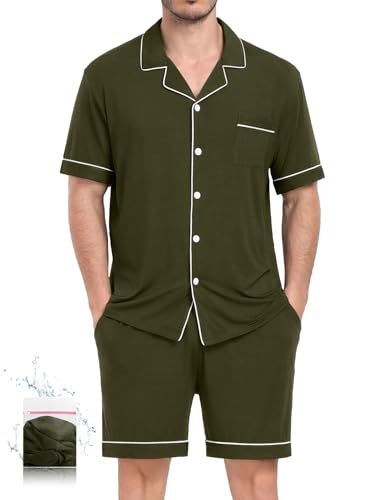 Image of Mens 2 Piece Short Sleeve Button Down Pajama Set, S-3XL | Soft Modal Fabric, Cool Lightweight Sleepwear & Loungewear with Pockets, Home Relaxing