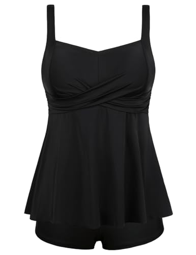 Septangle Tummy Control Swimsuits for Women 2 Piece Push Up Sweetheart Neck High Waisted Tankini Sets Aesthetic Swimming Suits Two Piece, Black US16