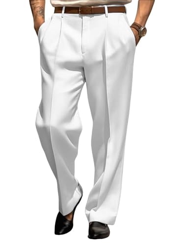 YYFew Men’s Dress Pants Straight Leg Pleat-Front Casual Suit Pants Plain Comfort Work Office Business Lounge Trouser Long（White34W30L）