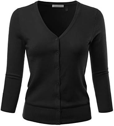 EIMIN Women's 3/4 Sleeve V-Neck Button Down Stretch Knit Cardigan Sweater Black M