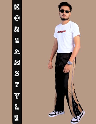 Image of Men's Track Pants, Loose Fit Bootcut Style, Black with Beige Side Stripe,Sports Track Pant for Men | Track Pant Men | Men Stylish Track Pant Boot Cut Style