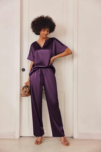 Image of Ekouaer Mens Satin Pajamas Set Button-Down Short /Long Sleeve Shirt Top Soft Silk Sleepwear Loose Pocket Pant Loungewear