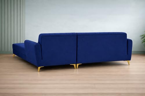 Image of Adorn India Premium Luster 6 Seater L Shape Sofa Set | Velvet Suede Fabric | 3-Year Warranty | RHS |Color Blue with Golden Legs & Striped Pattern Cushion