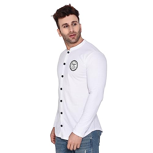 Image of Geum Men's Mandarin Collar Shirt | Slim Fit Full Sleeve Casual Shirt with Printed Chest Logo | Soft Cotton Blend Stylish Button Down for Party, Office