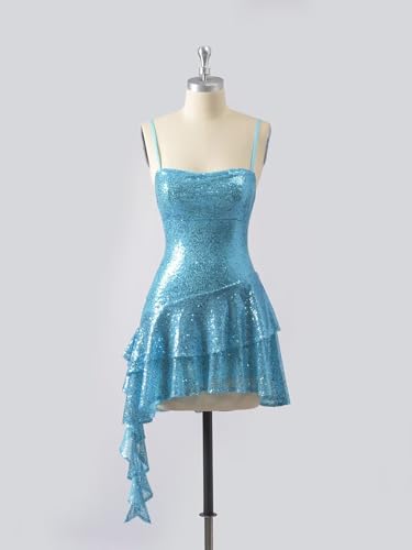Wchecalino Sparkly Tiered Sequin Homecoming Dresses 2025 Cowl Neck Short HOCO Dress Tight Cocktail Party Mini Gowns3