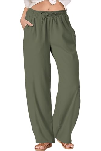 TOPYOGAS Womens High Waist Drawstring Stretch Casual Pants Summer Loose Pants Straight Trousers with Pockets Army Green