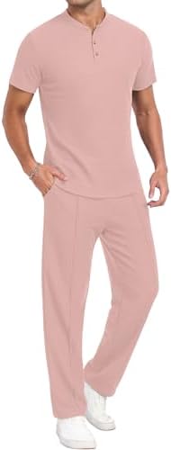 PrinStory Men's Short Sleeve Outfits Waffle Knit Henley Shirt and Pants Set Casual 2 Pieces Summer Tracksuits with Pockets