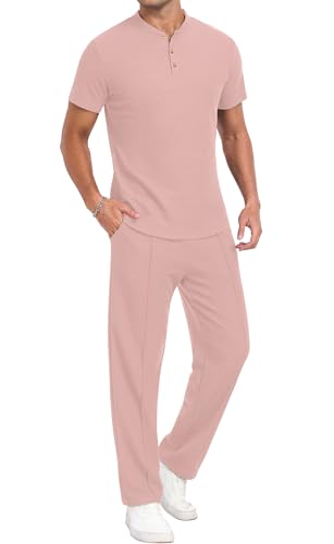 PrinStory Men's Short Sleeve Outfits Waffle Knit Henley Shirt and