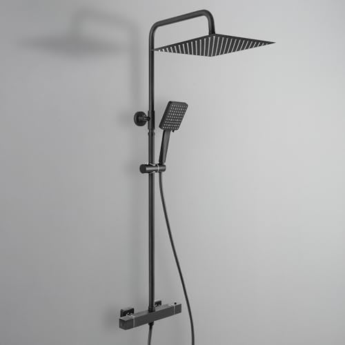 DERW Thermostatic Shower Mixer Set with 12 Square Rainfall Shower Head(304 Stainless Steel) 6 Modes Square Shower Head with Rotating Bracket Anti-Leak Hose Anti-Scald Easy Install (Black)