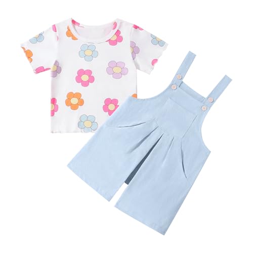 Toddler Baby Girls Summer Clothes Floral T-Shirt Top Bib Suspender Overall Shorts Set 2Pcs Infant Outfits 1-5T
