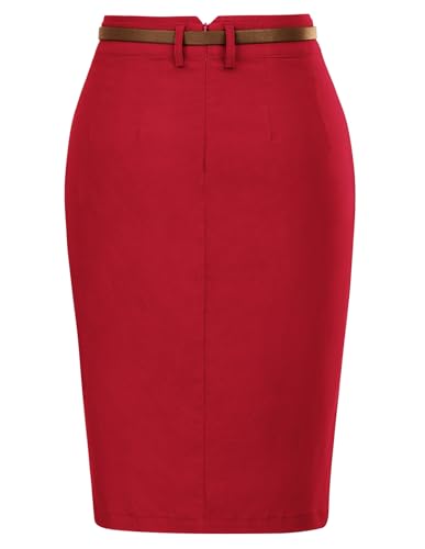 Image of Kate Kasin Women Pencil High Waist Knee Length Bodycon Skirt with Belt