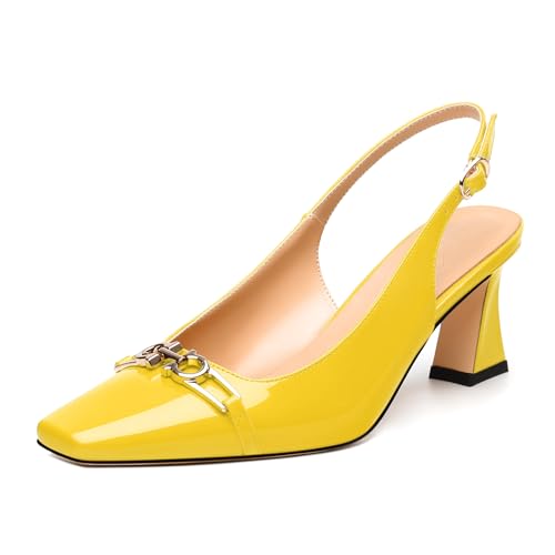 Womens Slingback Pumps, Small Square Toe and Chunky Heel Pumps with Metal Buckle, Leather Insole Comfort Slingbakc Daily Work Pumps 2.5