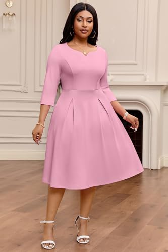 Image of Nmoder Fit-and-Flare Midi Dress V-Notch Neck Casual Dress Side Pockets | V-notch neckline;A-line swing silhouette; Soft breathable fabric; Perfect for church wedding guest work daily wear