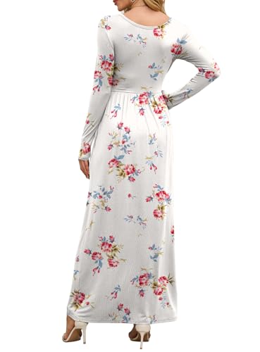 DEARCASE Maxi Dress for Women Flower White XX-Large Round Neck Boho Long Sleeves Teacher A-line Casual Hawaiian Empire Waist Flowy Party Vintage Spring Fall Winter Floor Dresses with Pocket - Image 3