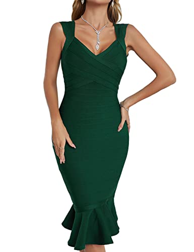 Image of Shoulder Strap Sleeveless Fishtail Midi Bandage Dress for Women Bodycon Club Party Evening Dresses