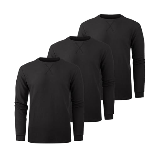 Image of 3 Pack Mens Waffle Shirts Long Sleeve Casual T-Shirt | Lightweight, Regular Fit, Waffle Knit, Crew Neck, Stylish Design, Pullover Top, Work, Daily