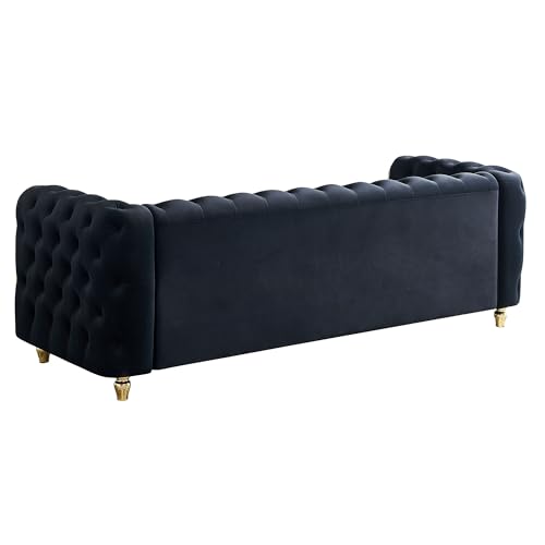 Image of KEIKI 86 inch Chesterfield Velvet Button Tufted Sofa with High Density Foam Cushions and 2 Toss Pillows, Modern Style 3-Seater Couch with Gold Strip Trim Decoration, Easy Assembly, for Living Room, Black