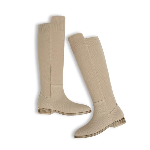 Image of Modatope Rounded Toe Flat Stretchy Dress Knee High Boots Side Zipper