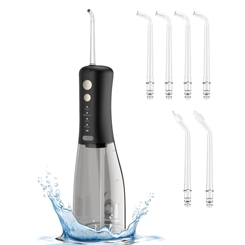 口腔洗浄器 ジェットウォッシャー 4種類の水流モード 替えノズル6本 IPX7防水 350MLタンク 歯間ケア 口腔ケア USB充電式 コードレス 初心者向け 繰り返し利用 旅行&家庭用 (ブラック)