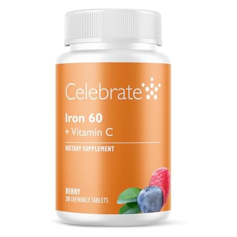 Celebrate Vitamins Iron Supplement with Vitamin C - 60mg Iron, 60mg Vitamin C, Bariatric Vitamins for WLS Patients, Vertical Sleeve & Gastric Bypass Surgery - Berry, 30 Chewable Tablets Cover