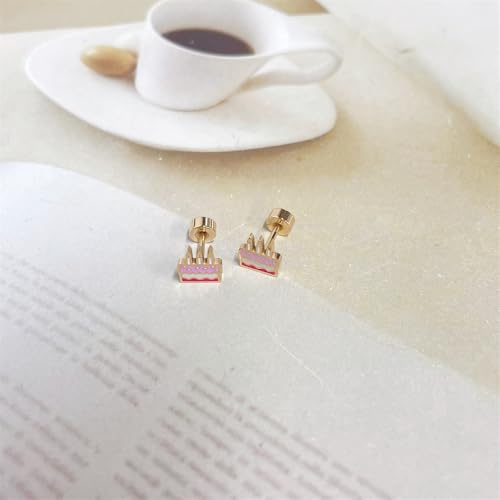 20g Birthday Cake Gold Plated Flat Screw Back Small Stud Earrings for Women Minimalist Cute Surgical Steel Happy Birthday Pink Enamel Piercing Sleeper Tiny Studs Hypoallergenic Unique Birthday Gift for Daughter Her3