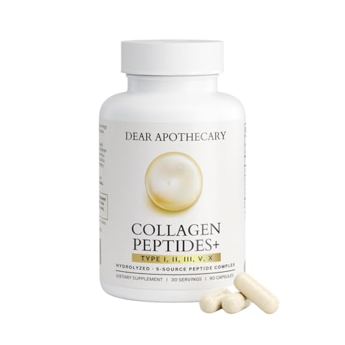 Dear Apothecary Collagen+ Multi Peptides - Types I II III V X - Hydrolyzed Bovine Fish Chicken Eggshell Avian - Premium Collagen Protein - Grass Fed Wild Caught Cod Skin - Non-GMO - 90 Capsules