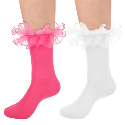 Women Big Ruffle Socks 2 Pairs Double Lace Turn Cuff Ankle Socks Adult Cotton Frilly Dress Cute Bobby Sock with Ruffles for Woman Cotton Ruffled Dress Crew Sock (White Hot Pink)