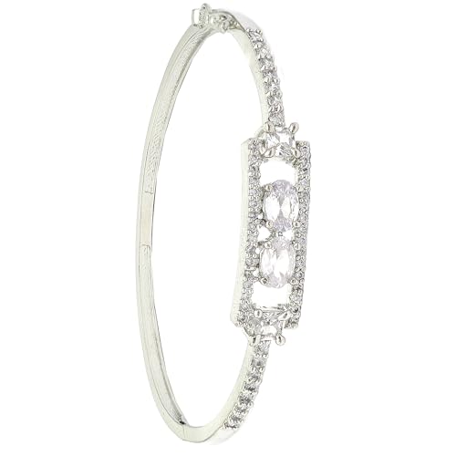 Image of ZENEME Rhodium-Plated Oval Shape American Diamond Studded Handmade Kada Bracelet For Girls and Women