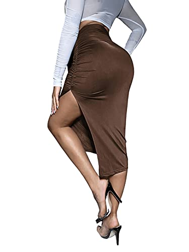Floerns Women's Solid High Waisted Ruched Split Thigh Bodycon Midi Skirt Brown M #TOP1