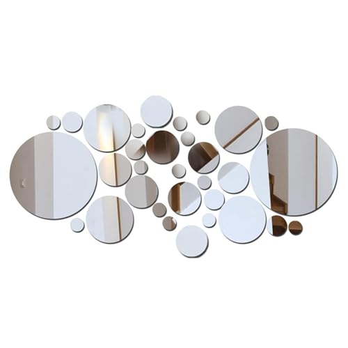 XENQITO 32 Piezas Espejos Redondos Pared, Espejo Desmontable Círculo Espejos Pequeños Decorativos Espejo Adhesivo, Espejo Acrílico Pegatinas DIY Pegatinas De Moderna Pared Sala Cocina (Plata)