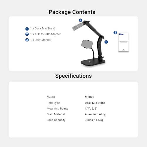 Image of NEEWER Desk Microphone Stand with Phone Clamp & Flexible Arm, Adjustable Table Top Mic Holder Mount with 1 /4 inch to 5 /8 inch Screw Adapter Compatible with Blue Yeti Razer Seiren Mini, Max Load 3.3 lbs, MS022