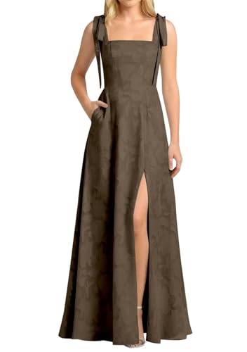 ORRCIGH Vestido largo de encaje floral de satén 2026, vestido de fiesta formal de noche con bolsillos con abertura para mujer WPX096, marrón, 46